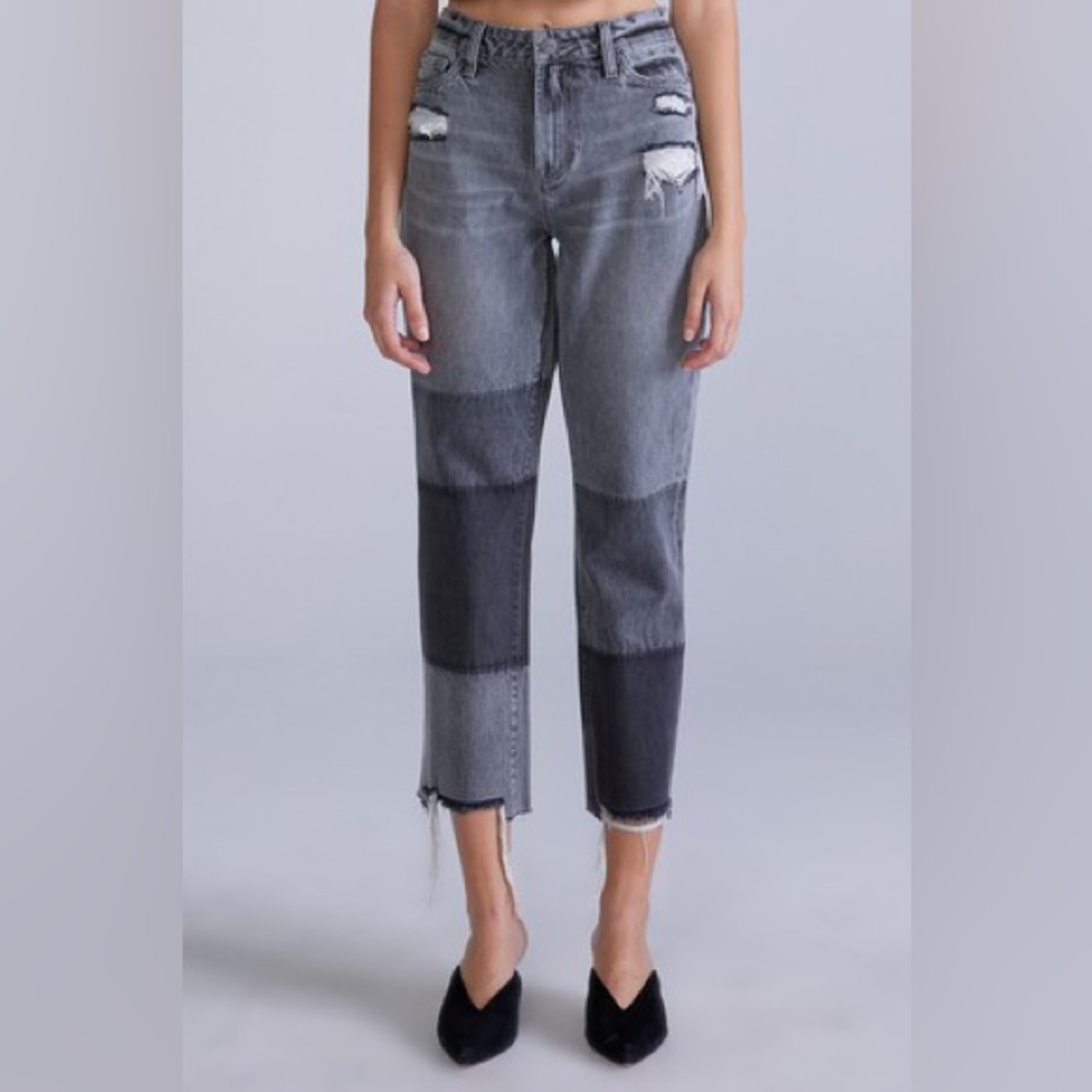 NWT Ceros Women's High Rise Crop Straight Denim Patchwork Black Jeans 25